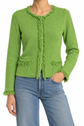 Green Prada frayed cardigan from the tops collection, featuring a stylish, textured knit with distressed edges.