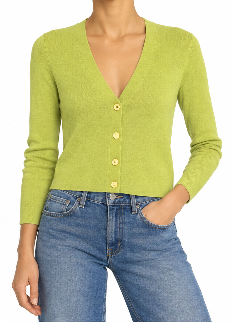 Green Prada knit cardigan, lightweight tops with a cozy, textured knit fabric and button closure, displayed on a neutral background.