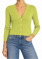 Green Prada knit cardigan, lightweight tops with a cozy, textured knit fabric and button closure, displayed on a neutral background.