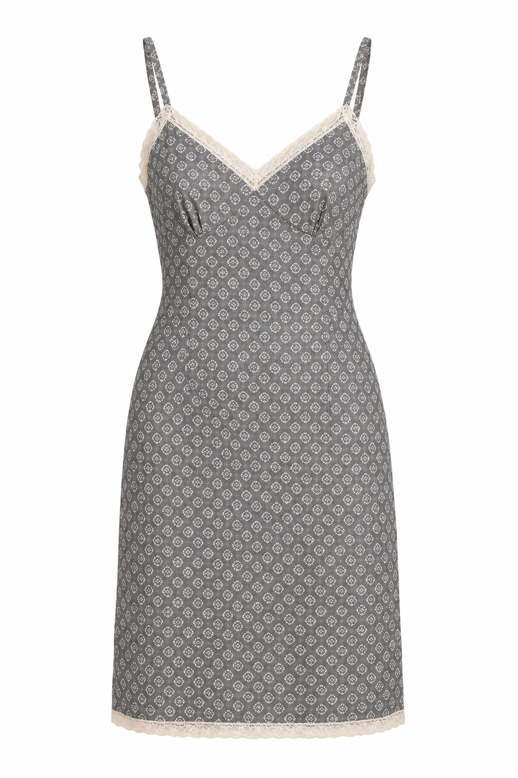 Prada blue silk slip dress with ivory lace trim, featuring a sleek, elegant design and subtle grey pattern detail.