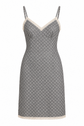 Prada blue silk slip dress with ivory lace trim, featuring a sleek, elegant design and subtle grey pattern detail.