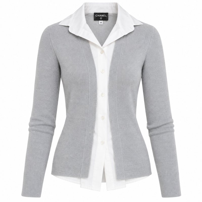 Grey Chanel cashmere shirt with a detachable collar, stylish tops featuring soft, luxurious fabric and elegant design.