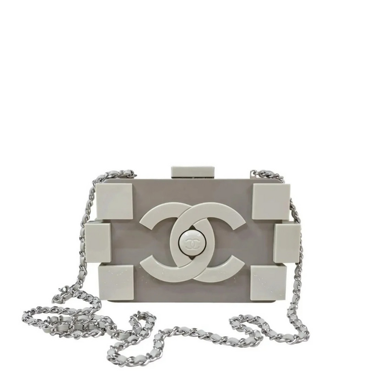 Grey Lego brick Chanel minaudière clutch with a playful brick design, featuring a sleek and compact style for evening accessories.