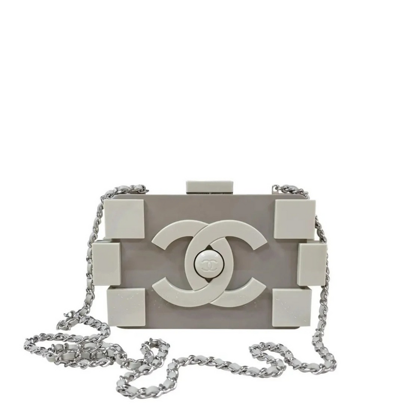 Grey Lego brick Chanel minaudière clutch with a playful brick design, featuring a sleek and compact style for evening accessories.