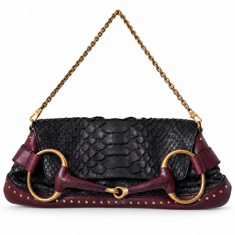 Gucci 2003 Tom Ford Horsebit Python Shoulder Bag showing black and brown python leather with gold horsebit hardware.