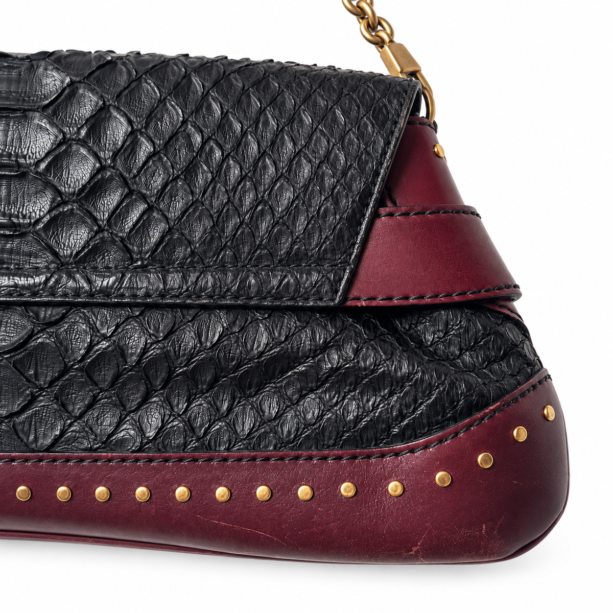 Gucci 2003 Tom Ford Horsebit Python Shoulder Bag showing black python leather with gold-tone horsebit detail and shoulder strap.