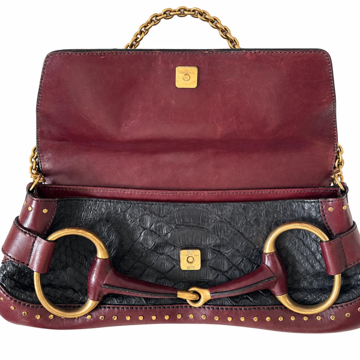 Gucci 2003 Tom Ford Horsebit Python Shoulder Bag with gold hardware and adjustable leather strap, featuring a sleek python pattern.
