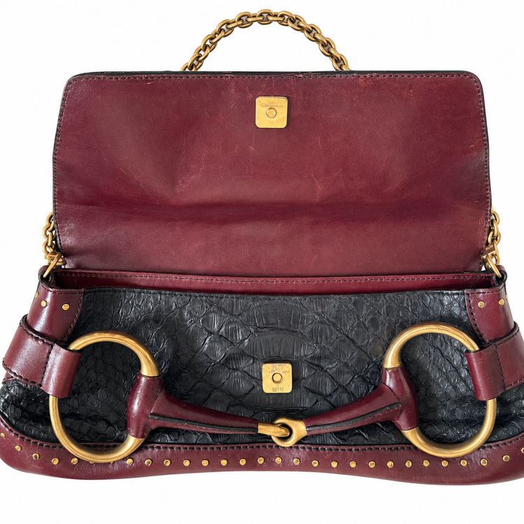 Gucci 2003 Tom Ford Horsebit Python Shoulder Bag with gold hardware and adjustable leather strap, featuring a sleek python pattern.