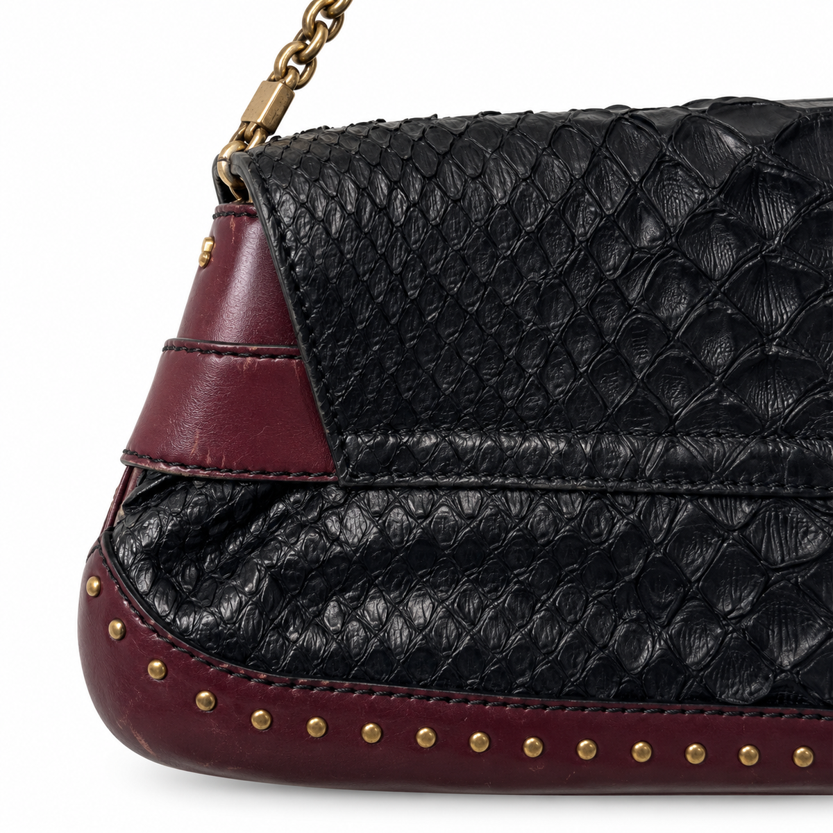 Gucci 2003 Tom Ford Horsebit Python Shoulder Bag with gold hardware and adjustable leather strap, black and brown snake print.