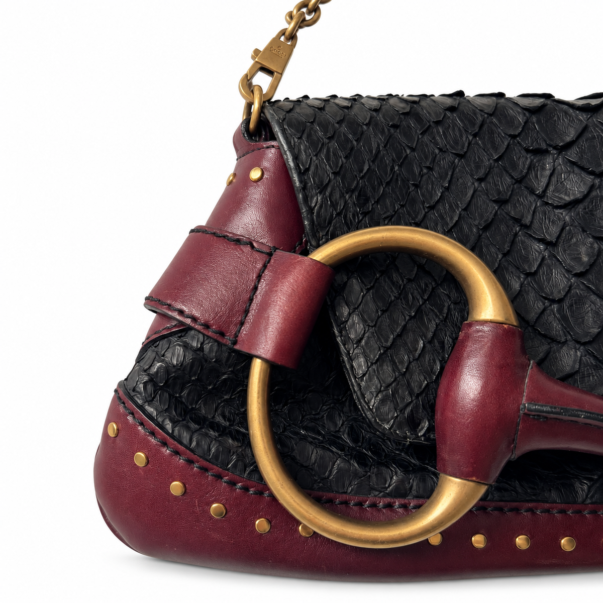 Gucci 2003 Tom Ford Horsebit Python Shoulder Bag with gold hardware and textured python leather, stylish accessory.