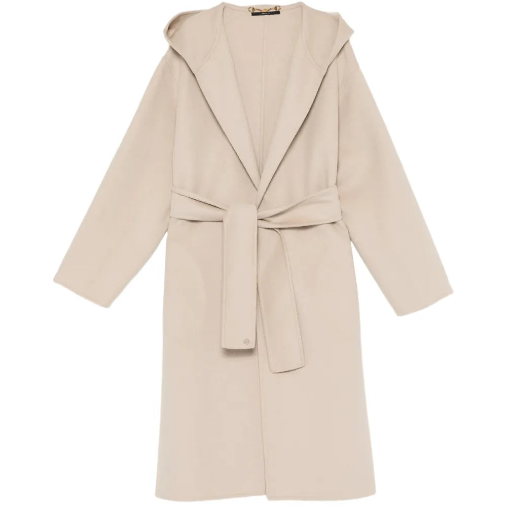 Gucci beige wool wrap coat with wide collar and belt, stylish outerwear for cold weather, shown on a neutral background.