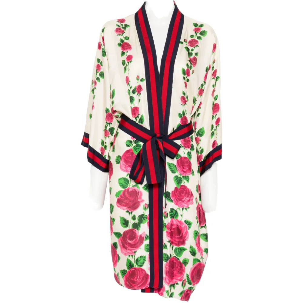 Gucci floral print belted kimono blazer with wide sleeves and tie waist, stylish and lightweight for elegant outdoor wear.