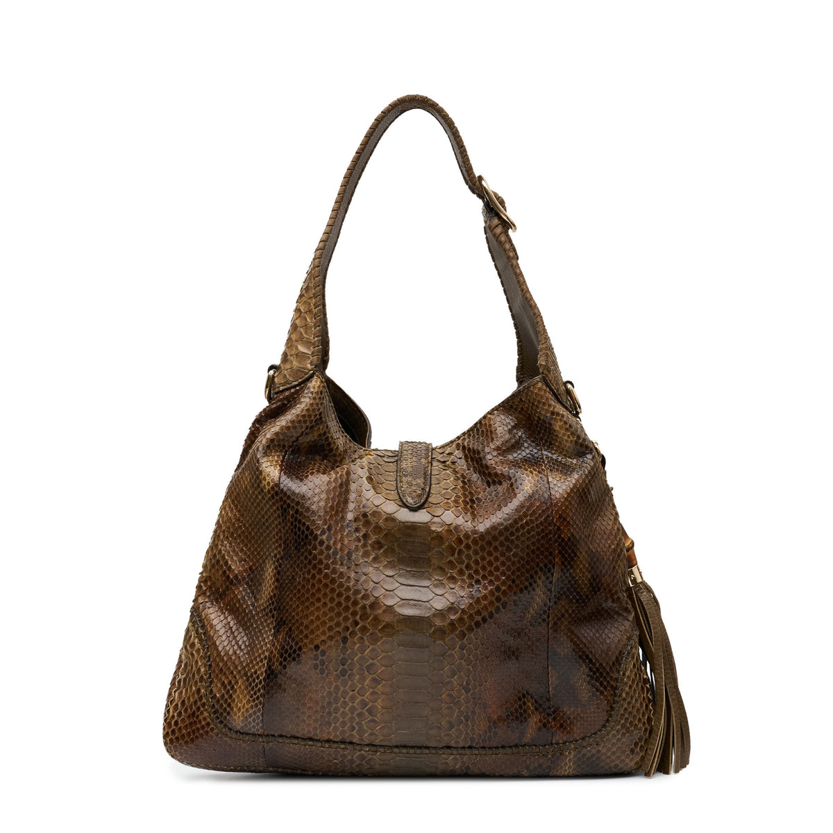 Gucci medium Jackie hobo shoulder bag with signature monogram canvas and leather accents, featuring a top handle and adjustable strap.