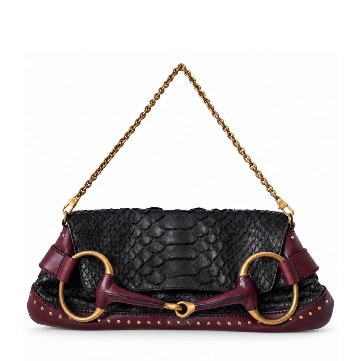 Gucci 2003 Tom Ford Horsebit Python Shoulder Bag with gold hardware and textured python leather, stylish accessory.