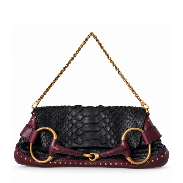 Gucci 2003 Tom Ford Horsebit Python Shoulder Bag with gold hardware and textured python leather, stylish accessory.