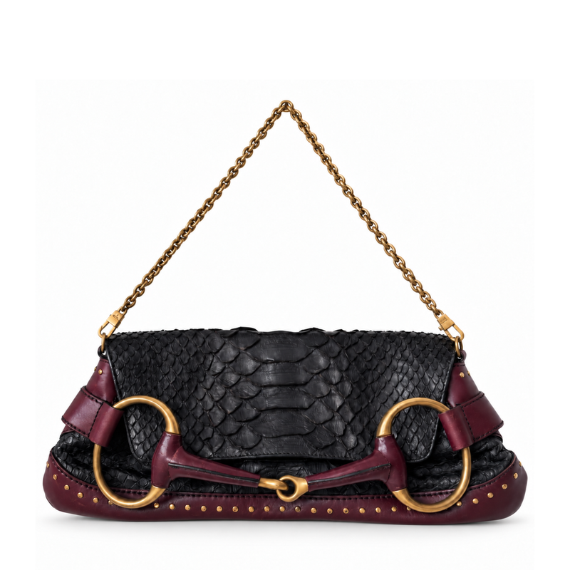Gucci 2003 Tom Ford Horsebit Python Shoulder Bag with gold hardware and textured python leather, stylish accessory.