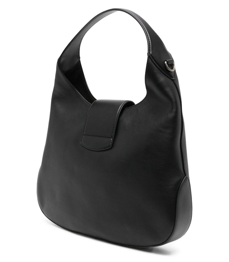 Gucci Web Stripe Dionysus Hobo Bag in black with signature shoulder bag design and web stripe pattern.