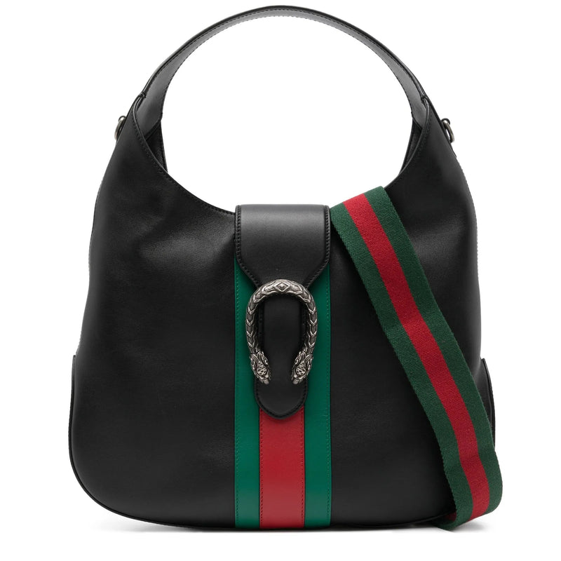Gucci Web Stripe Dionysus Hobo Bag in black with signature shoulder strap and gold-tone hardware, stylish and versatile accessory.