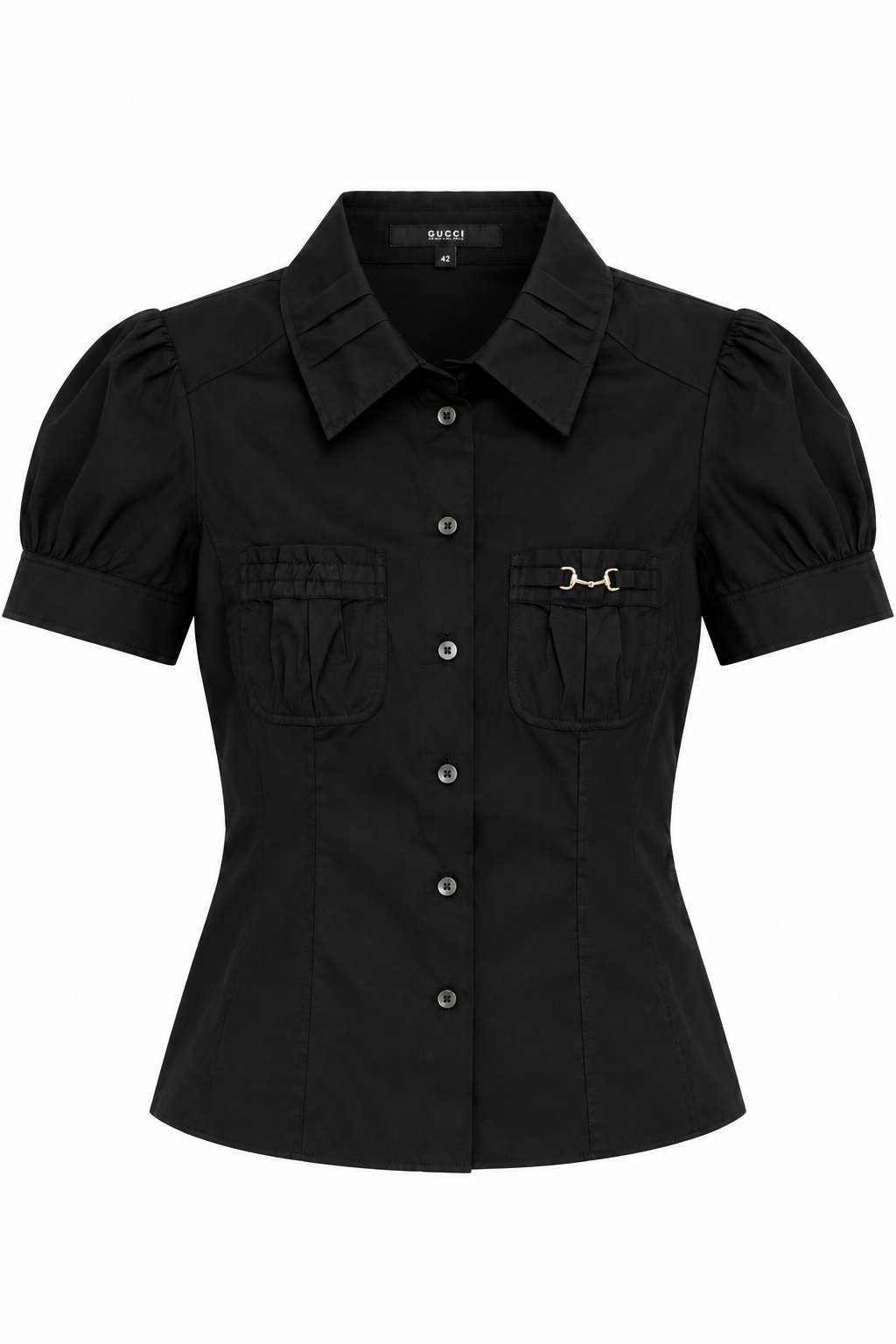 Black Gucci short-sleeve horsebit shirt with classic horsebit detail, styled as a fashionable men&