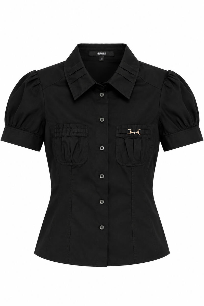 Black Gucci short-sleeve horsebit shirt with classic horsebit detail, styled as a fashionable men&