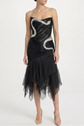 Gucci 2004 black silk crystal-snake dress, elegant evening dress with crystal embellishments and snake detail, front view.