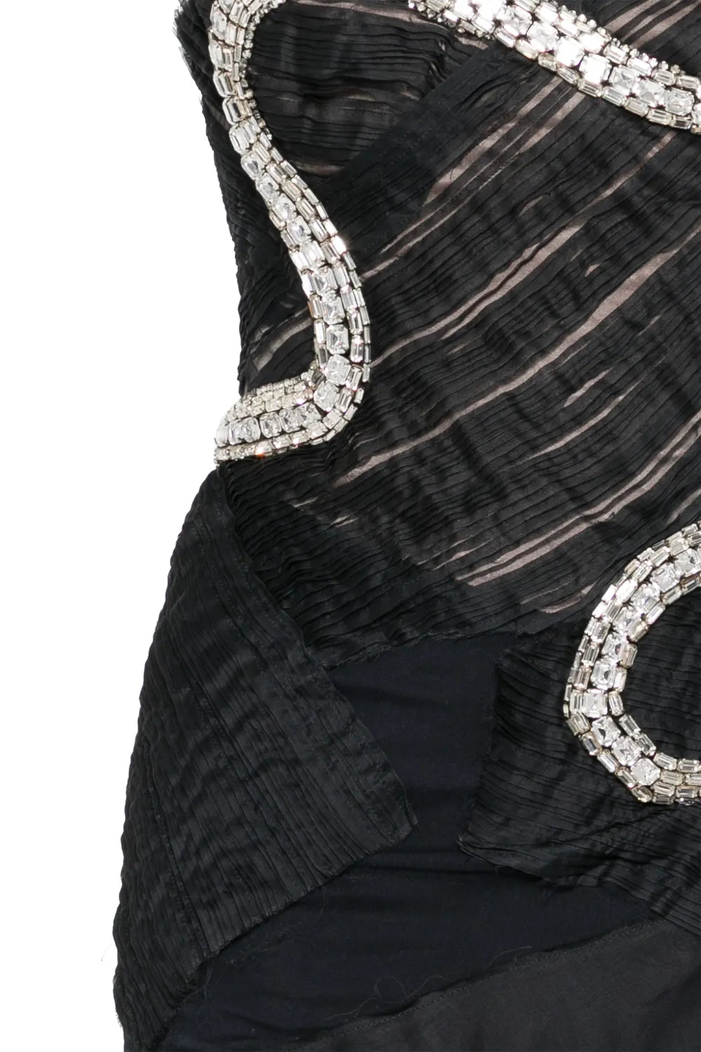 Gucci 2004 black silk crystal-snake dress with intricate details and elegant fit, showcased on a model.