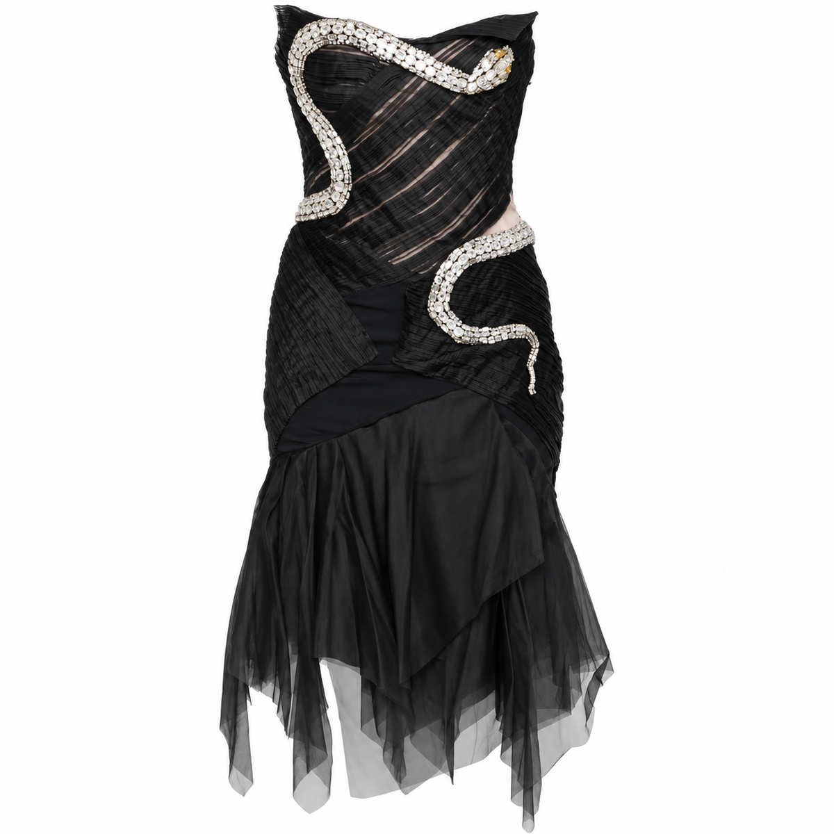 Gucci black silk crystal-snake dress from 2004, featuring a sleek design with crystal accents, elegant and stylish evening wear.