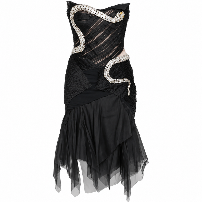 Gucci black silk crystal-snake dress from 2004, featuring a sleek design with crystal accents, elegant and stylish evening wear.