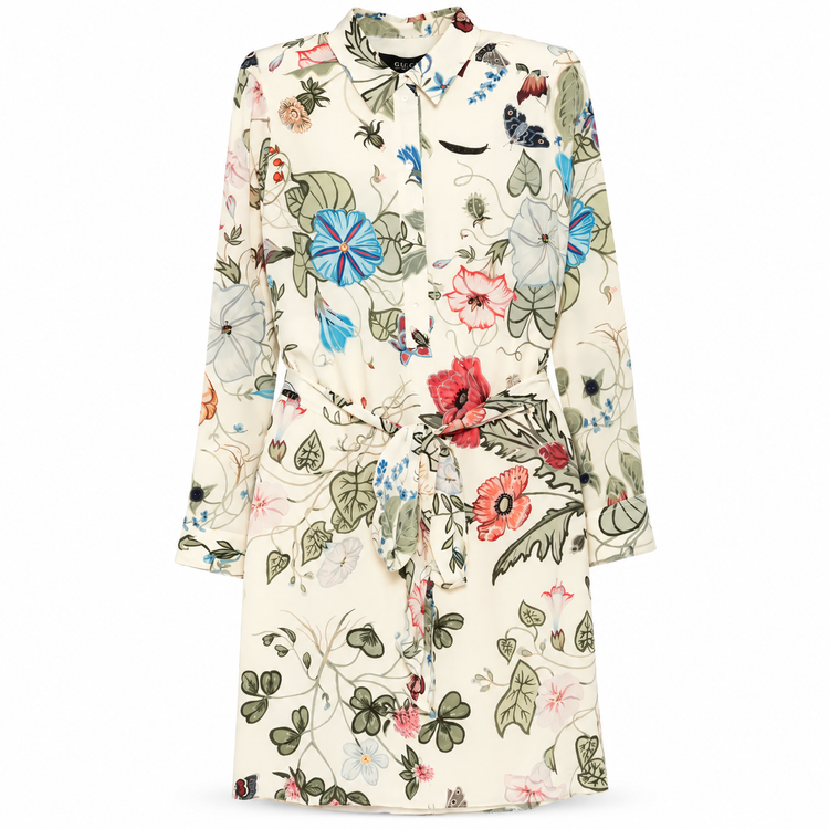 Gucci floral silk shirt dress featuring vibrant flower patterns and a tailored collar, perfect for elegant daytime wear.