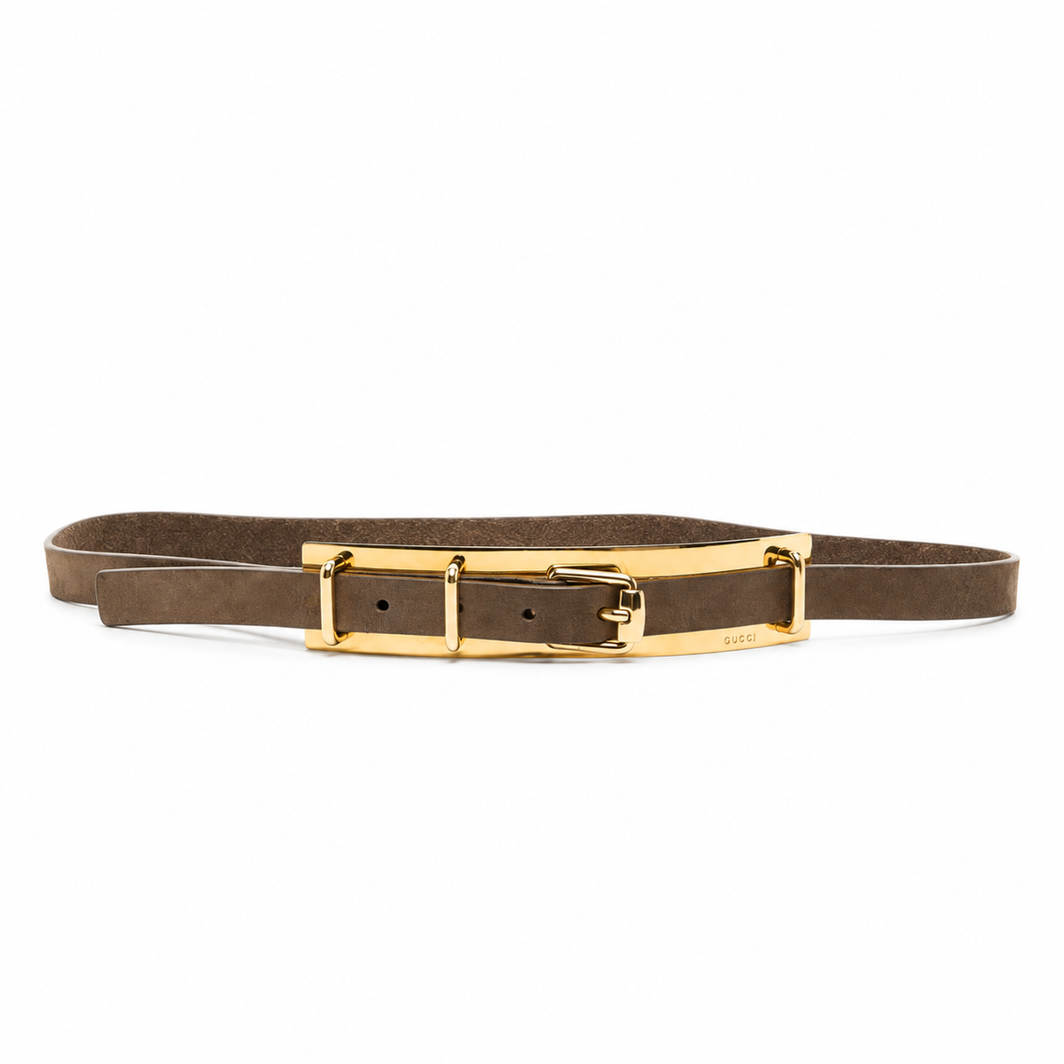 Gucci gold plated belt with brown leather strap, featuring a sleek and stylish design perfect for accessorizing.