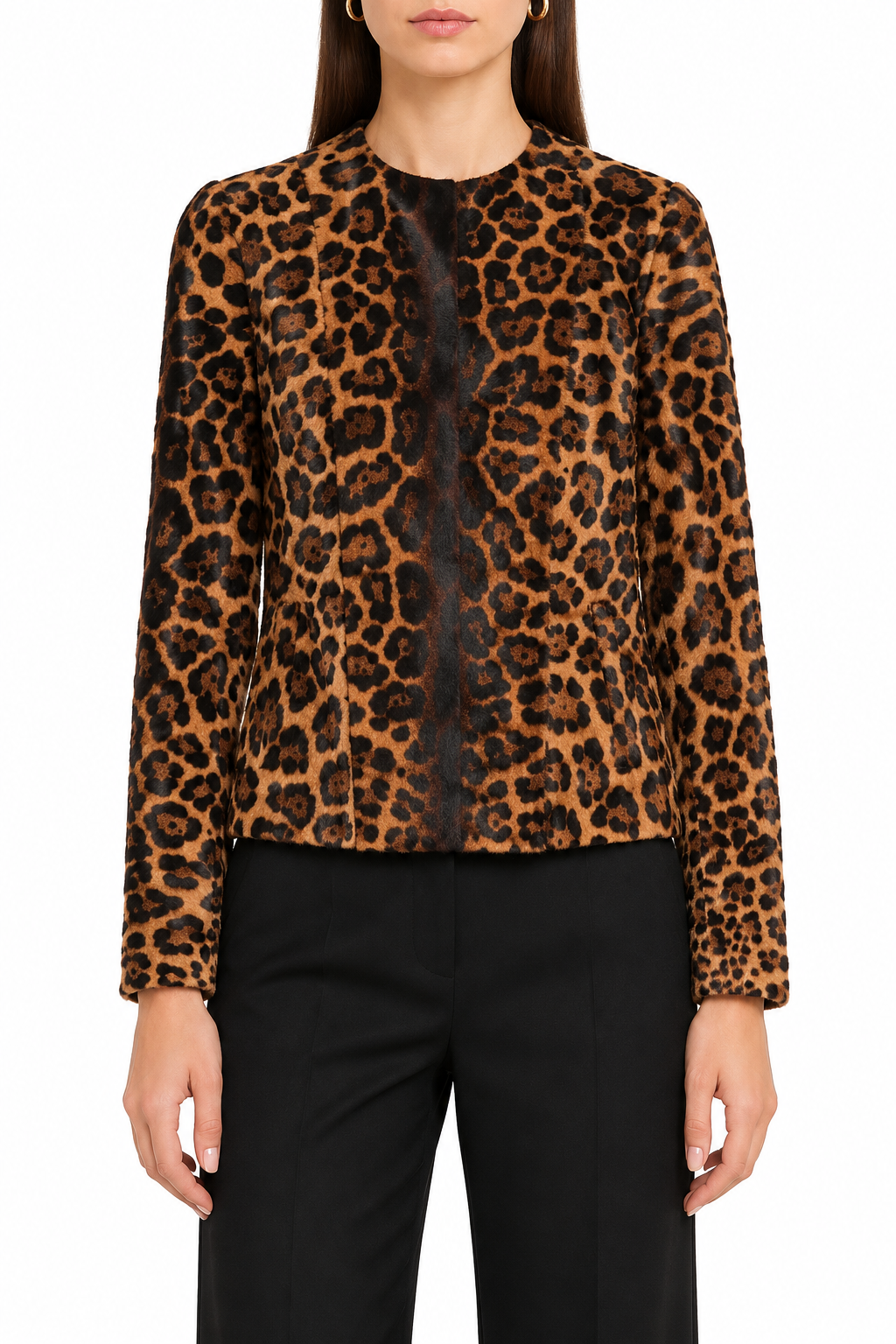 Gucci leopard print ponyhair blazer showing a stylish animal print pattern and tailored fit on a model.