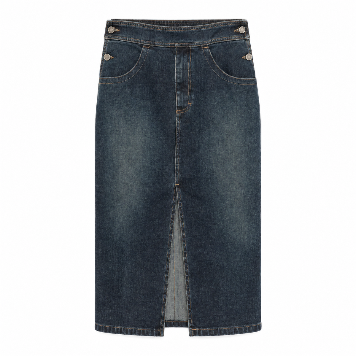 Gucci pencil denim skirt with high waist and classic stitching, styled with front pockets and a sleek fit.