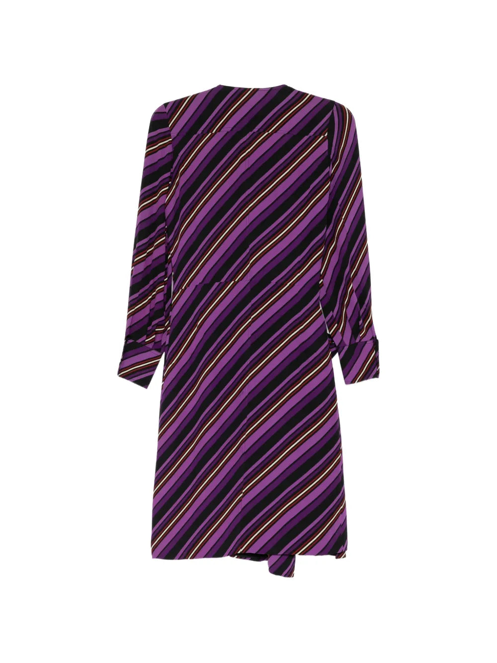 Gucci striped wrap dress with long sleeves and a fitted waist, featuring bold horizontal stripes and elegant design.
