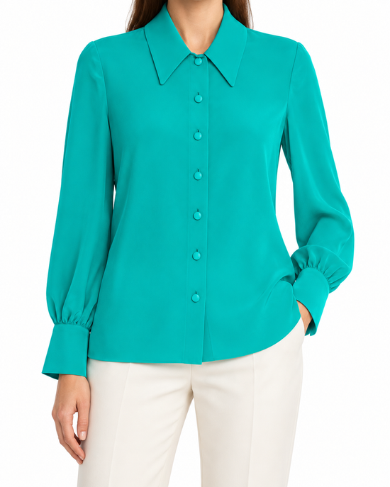 Gucci turquoise silk shirt for women, featuring a smooth, shiny fabric and classic button-front design.