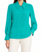 Gucci turquoise silk shirt for women, featuring a smooth, shiny fabric and classic button-front design.