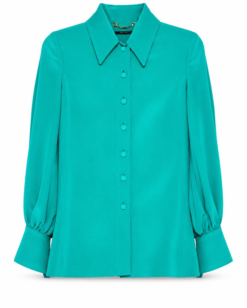 Gucci turquoise silk shirt for women, featuring a smooth, shiny fabric and classic button-front design.