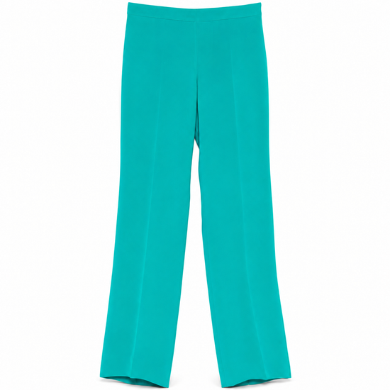 Gucci turquoise silk trousers laid flat, showcasing smooth fabric and tailored fit with a stylish, vibrant color.