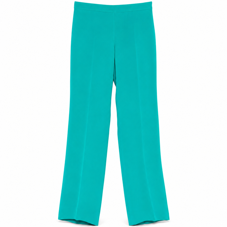 Gucci turquoise silk trousers with a smooth, flowing fabric and tailored fit, displayed on a plain background.