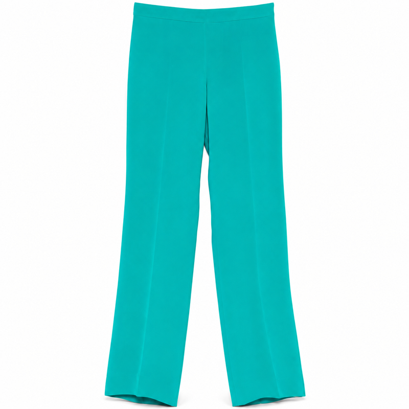 Gucci turquoise silk trousers with a smooth, flowing fabric and tailored fit, displayed on a plain background.