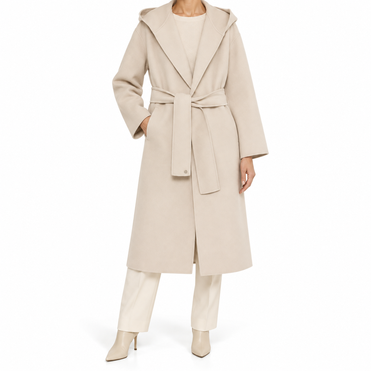 Gucci wool wrap coat hanging on a wooden rack, showcasing its tailored design and luxurious fabric.