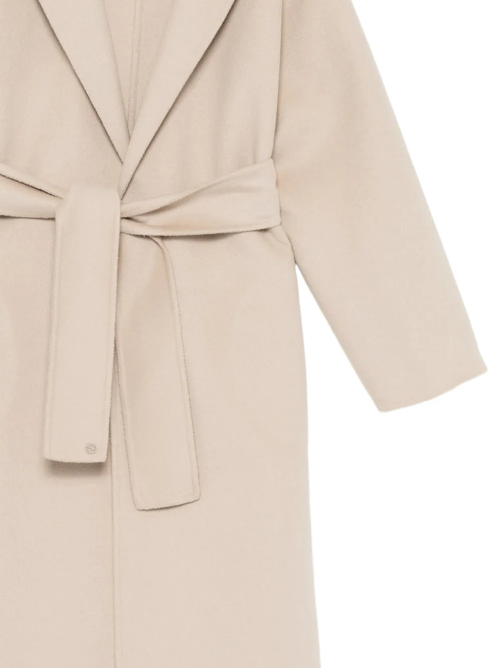Gucci wool wrap coat shown in beige with wide lapels and belted waist, stylish and warm outerwear for winter.