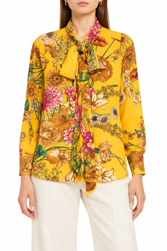 Gucci yellow floral shirt for women, stylish tops with vibrant floral pattern and classic collar, perfect for casual or dressy wear.