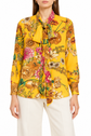 Gucci yellow floral shirt for women, stylish tops with vibrant floral pattern and classic collar, perfect for casual or dressy wear.