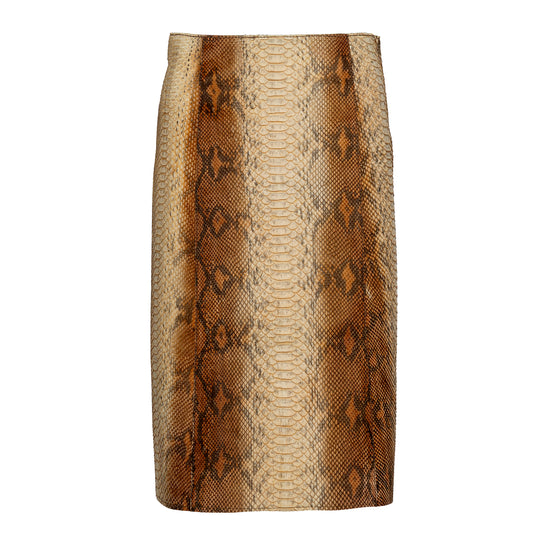 Beige leather A-line skirt by Prada, showcasing smooth texture and classic silhouette, perfect for stylish outfits.