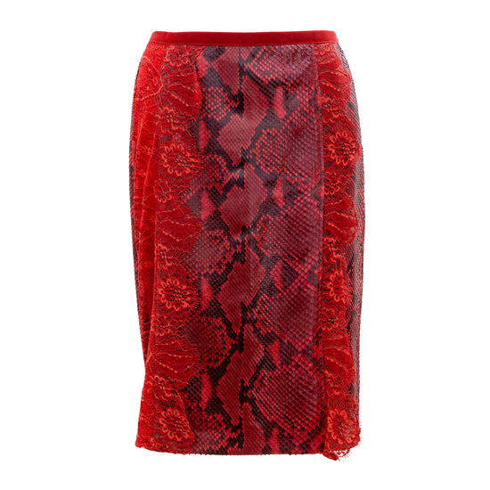 Red leather and lace skirt by Dolce & Gabbana, featuring a fitted design with intricate lace details and a stylish silhouette.