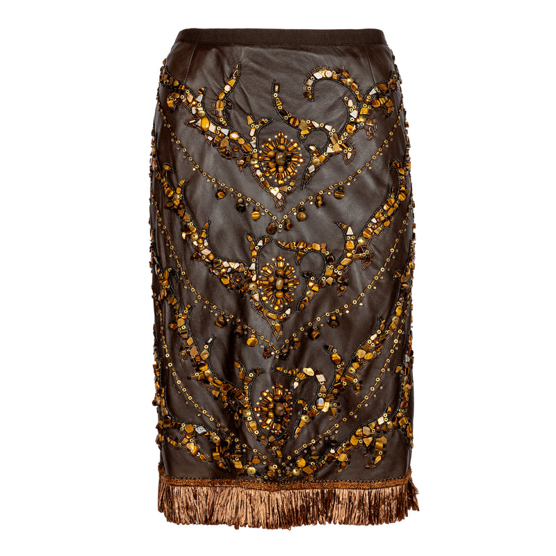 Brown Embellished Leather Skirt