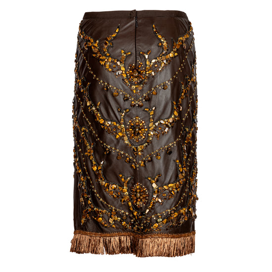 Brown Embellished Leather Skirt