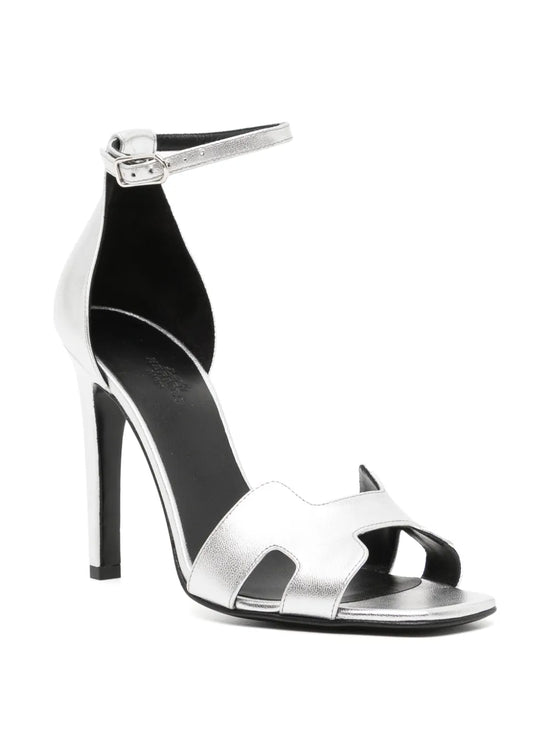 Hermès Silver Joy 70 sandals side view, stylish women&
