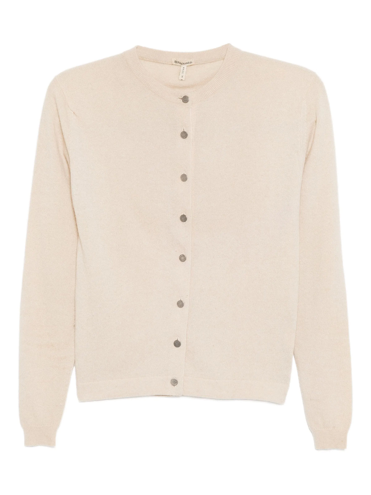 Hermès cream cashmere cardigan, soft knit tops with a classic design, displayed flat on a neutral background.