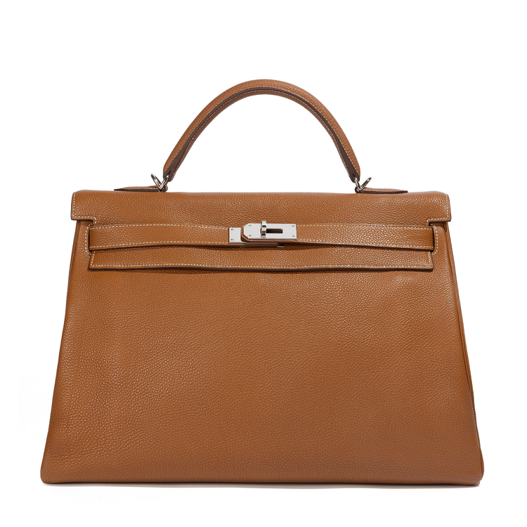 Hermès Kelly 40 Gold PHW top handle bag with structured silhouette and gold hardware, featuring a sleek, luxurious design.